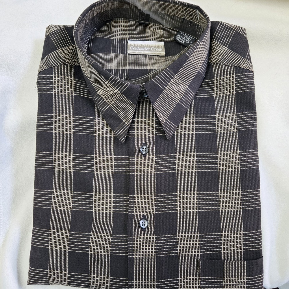 Coldwater Creek 100% Cotton Men's Large Button Up Front Pocket Shirt Brown Check